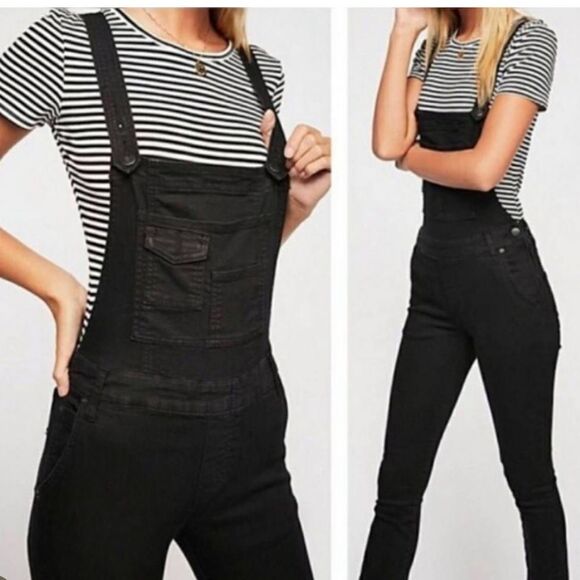 FREE PEOPLE | Century Denim Black Wash Skinny Jean Overalls Women’s Size 26 - Picture 1 of 14